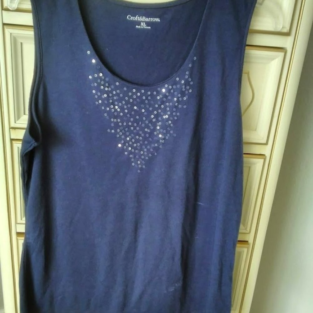 Navy Tank Top with Clear Sequins - XL